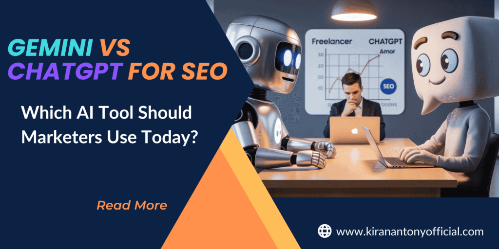 Gemini vs ChatGPT for SEO comparison showing AI tools helping a marketer analyze data and improve SEO performance.